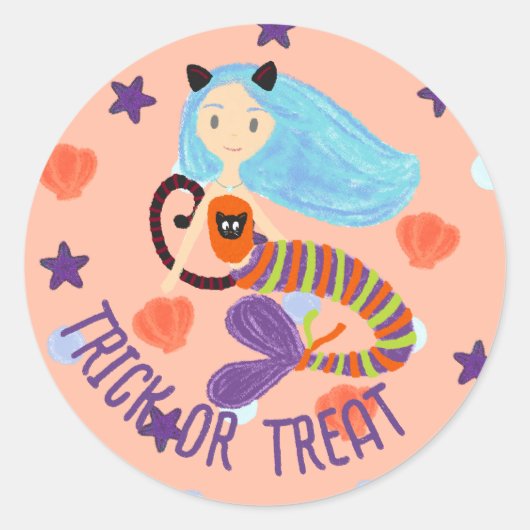 Halloween Trick oder Treat Pastel Mermaid Cat Runder Aufkleber (Vorderseite)