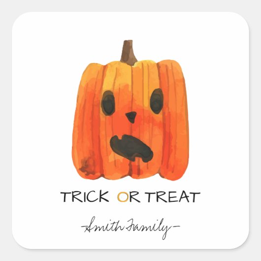 Halloween Trick oder Treat Watercolor Pumpkin Kids Quadratischer Aufkleber (Vorderseite)