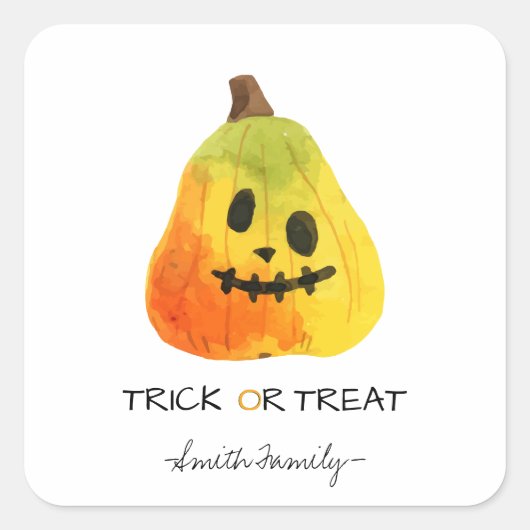 Halloween Trick oder Treat Watercolor Pumpkin Kids Quadratischer Aufkleber (Vorderseite)