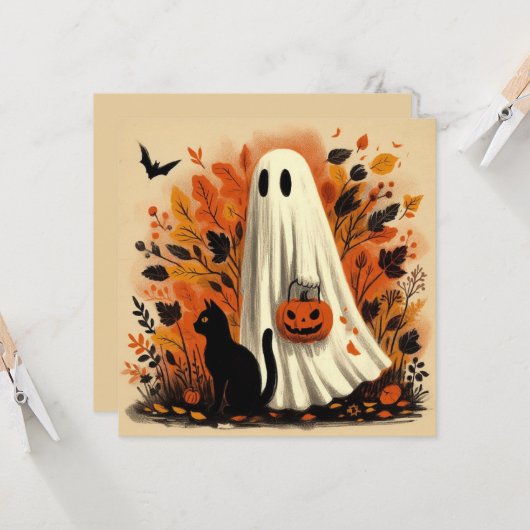 Halloween Trick oder Treatment Ghost und Black Cat Karte (Vorderseite/Rückseite Beispiel)
