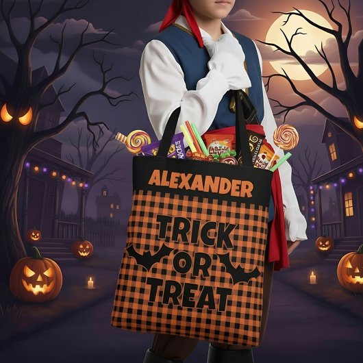 Halloween Trick or Treat Orange & Black Plaid Name Tasche