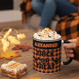 Halloween Trick or Treat Orange & Black Plaid Name Tasse