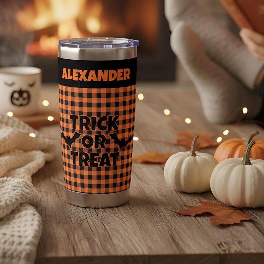 Halloween Trick or Treat Orange & Black Plaid Name Thermobecher