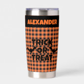 Halloween Trick or Treat Orange & Black Plaid Name Thermobecher (Vorderseite)