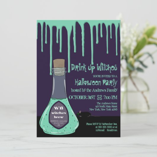 Halloween trinken Hexen Grüne Tränke Tropfen Einladung (Stehend Vorderseite)