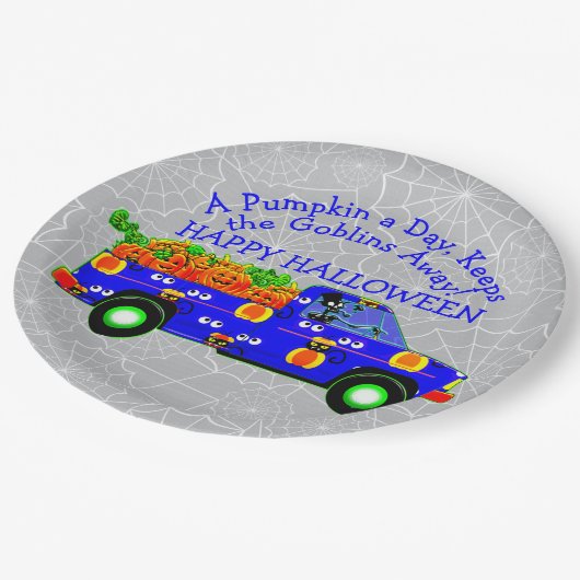 Halloween Truck Pumpkin Day Behalte Goblins Away 9 Pappteller (Schrägansicht)