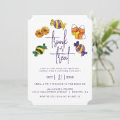 Halloween Trunk oder Leckerei Lila Candy Einladung (Stehend Vorderseite)