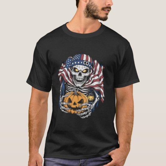 Halloween Tshirt Skull American Flag Beängstigende (Vorderseite)