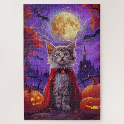 Halloween Turkish Angora Cat Vampire Pumpkin Beäng Puzzle (Vertikal)