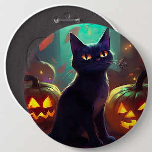 Halloween Tuxedo Katze mit Pumpkins Beängstigend Button