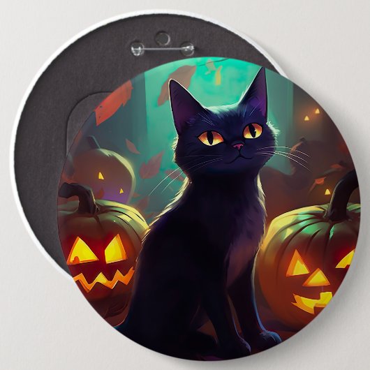 Halloween Tuxedo Katze mit Pumpkins Beängstigend Button (Vorne & Hinten)
