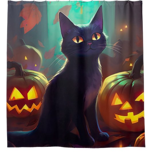 Halloween Tuxedo Katze mit Pumpkins Beängstigend Duschvorhang (Vorderseite)
