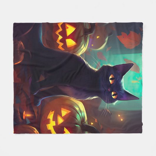 Halloween Tuxedo Katze mit Pumpkins Beängstigend Fleecedecke (Vorderseite (Horizontal))