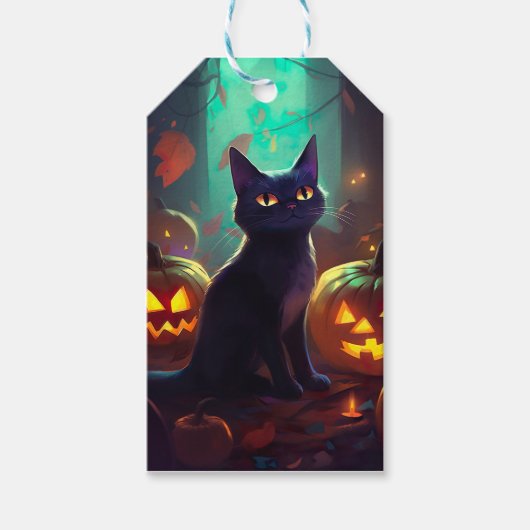 Halloween Tuxedo Katze mit Pumpkins Beängstigend Geschenkanhänger (Vorderseite)