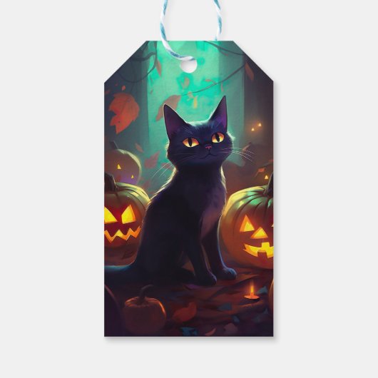 Halloween Tuxedo Katze mit Pumpkins Beängstigend Geschenkanhänger (Rückseite)