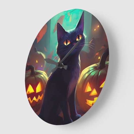 Halloween Tuxedo Katze mit Pumpkins Beängstigend Große Wanduhr (Winkel)