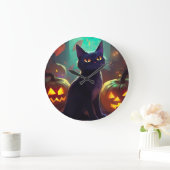 Halloween Tuxedo Katze mit Pumpkins Beängstigend Große Wanduhr (Zuhause)