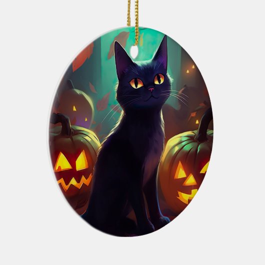 Halloween Tuxedo Katze mit Pumpkins Beängstigend Keramik Ornament (Rechts)