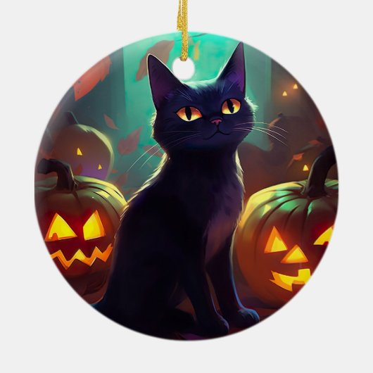 Halloween Tuxedo Katze mit Pumpkins Beängstigend Keramik Ornament (Hinten)