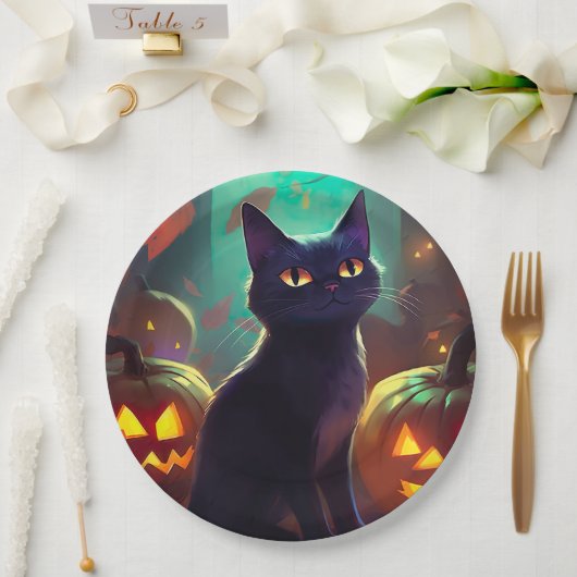 Halloween Tuxedo Katze mit Pumpkins Beängstigend Pappteller (Hochzeit)