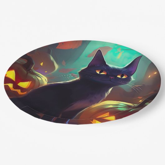 Halloween Tuxedo Katze mit Pumpkins Beängstigend Pappteller (Schrägansicht)