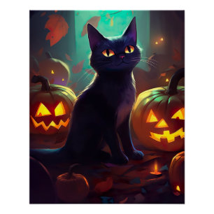 Halloween Tuxedo Katze mit Pumpkins Beängstigend Poster