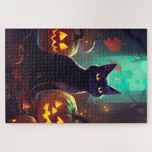 Halloween Tuxedo Katze mit Pumpkins Beängstigend Puzzle (Horizontal)