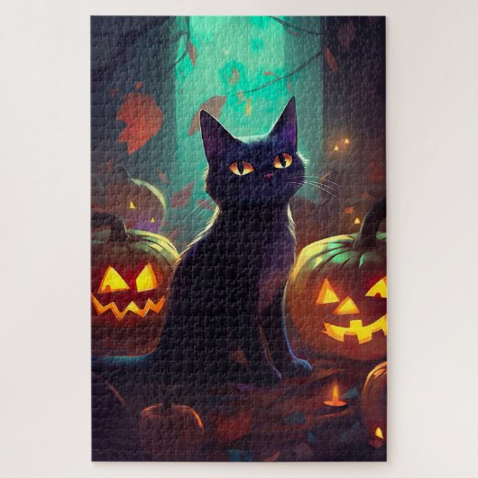 Halloween Tuxedo Katze mit Pumpkins Beängstigend Puzzle (Vertikal)