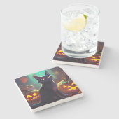 Halloween Tuxedo Katze mit Pumpkins Beängstigend Steinuntersetzer (Seitenansicht)