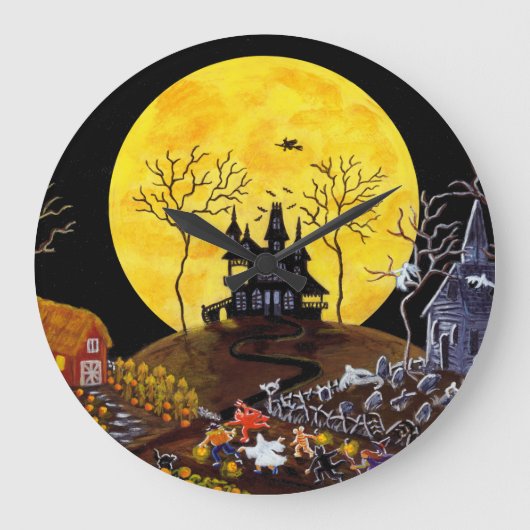 Halloween, Uhr, Friedhof, Geister, Hexe, Kirche Große Wanduhr (Vorderseite)