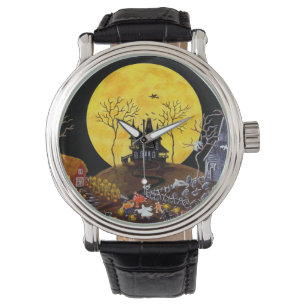Halloween, Uhr, Geister, Friedhof, Katzen, Hexe Armbanduhr