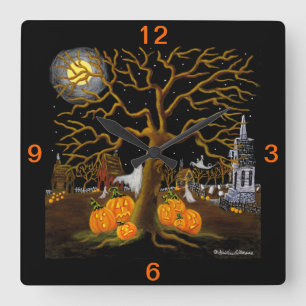 Halloween,Uhr,Geister,Jack-O-Lanterns,Gräber Quadratische Wanduhr