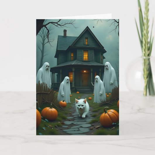 Halloween und das weiße Kätzchen Karte (Vorderseite)