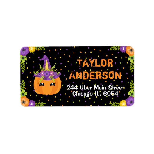 Halloween Unicorn Floral Pumpkin Black and Orange Adressaufkleber (Vorne)