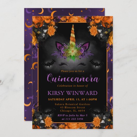 Halloween Unicorn-Gesicht Quinceanera Einladung (Vorne/Hinten)