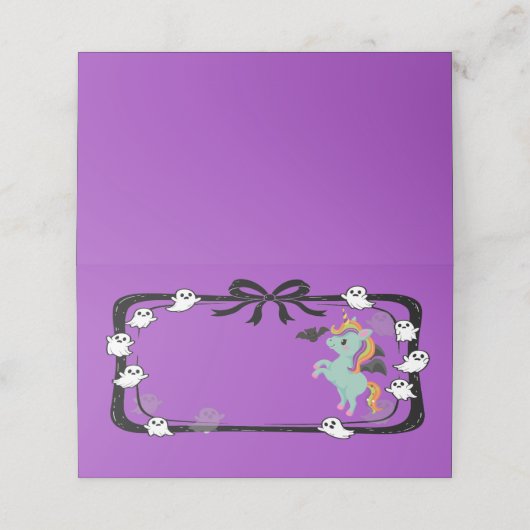 Halloween Unicorn Greeting Bat Purple Place Card Platzkarte (Außenseite Aufgefaltet)