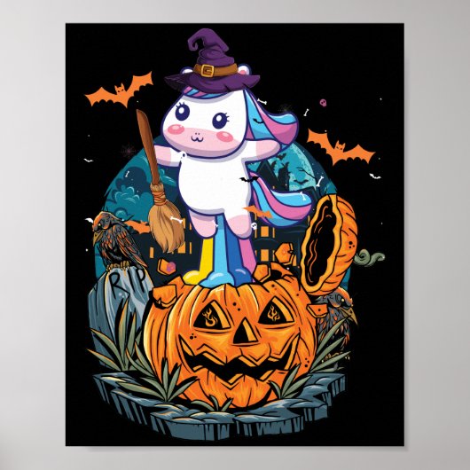 Halloween Unicorn mit Kürbismädchen Kinder Hexerei Poster (Vorne)