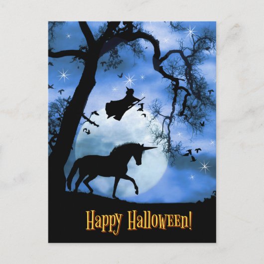 Halloween Unicorn und Hexe Postkarte (Vorderseite)
