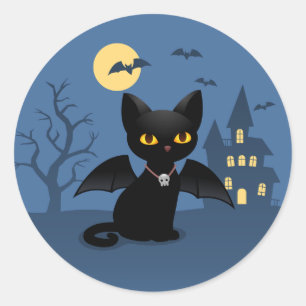 Halloween Vampir schwarze Katze mit Flügeln Runder Aufkleber