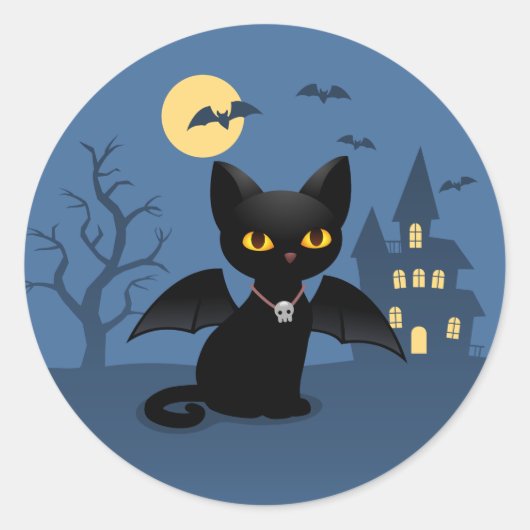 Halloween Vampire Black Cat mit Flügeln Runder Aufkleber (Vorderseite)