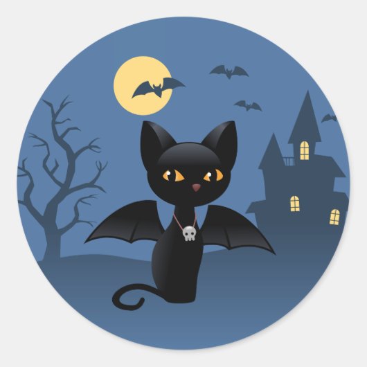 Halloween Vampire Black Cat mit Flügeln Runder Aufkleber (Vorderseite)