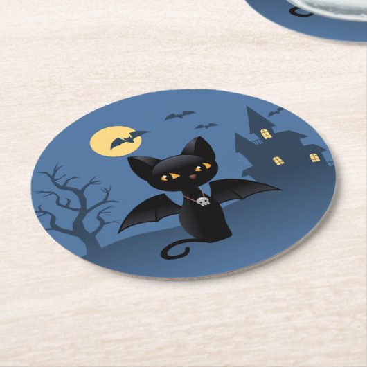 Halloween Vampire Black Cat mit Flügeln Runder Pappuntersetzer (Angewinkelt)
