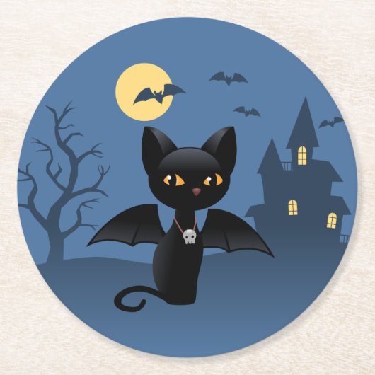 Halloween Vampire Black Cat mit Flügeln Runder Pappuntersetzer (Vorderseite)