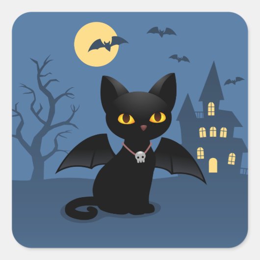 Halloween Vampire Black Cat with Wings Quadratischer Aufkleber (Vorderseite)