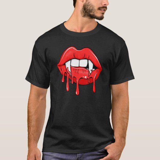 Halloween Vampire Fangs Weibliche Lippen Blut T-Shirt (Vorderseite)