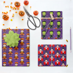 Halloween Vampire, Pumpkin & Frankenstein Geschenkpapier Set