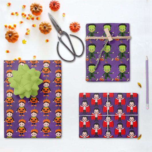 Halloween Vampire, Pumpkin & Frankenstein Geschenkpapier Set