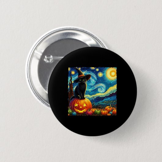 Halloween Van Gogh Starry Night Black Cat Hexa Ha Button (Vorne & Hinten)