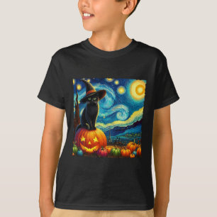 Halloween Van Gogh Starry Night Black Cat Hexa Ha T-Shirt