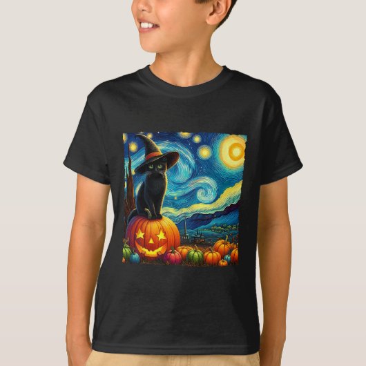 Halloween Van Gogh Starry Night Black Cat Hexa Ha T-Shirt (Vorderseite)